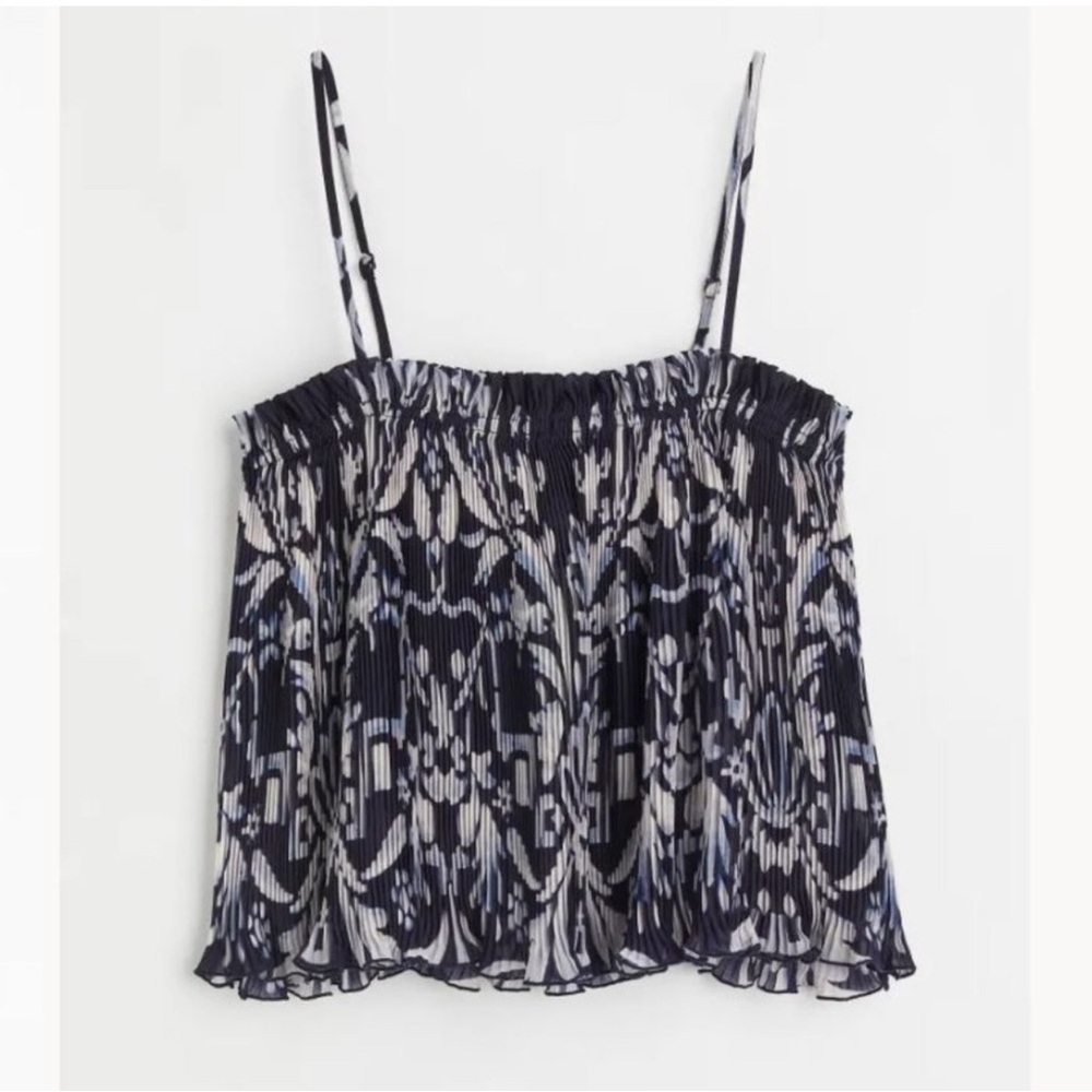 Pleated Cami Tank Top Women’s M Navy Blue Abstract Boho Festival Fairycore H&M